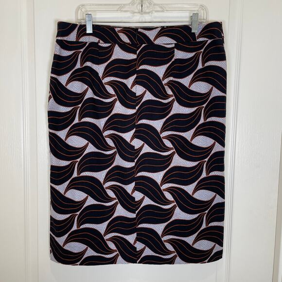 Ann Taylor Leaf Swirl Print Pencil Skirt Navy Blue Brown Cotton Dotty 14 - Picture 7 of 7
